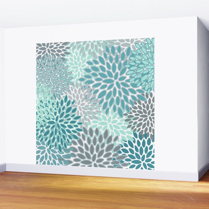 Modern, Floral Prints, Teal and Gray Wall Mural Gallery Image 2