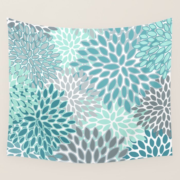 Modern, Floral Prints, Teal and Gray Wall Tapestry Gallery Image 1