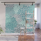 Modern, Floral Prints, Teal and Gray Wall Mural Gallery Image 1