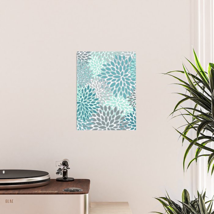 Modern, Floral Prints, Teal and Gray Poster Gallery Image 2