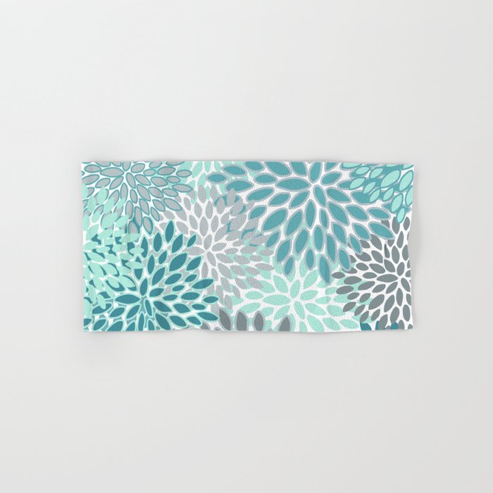 Modern, Floral Prints, Teal and Gray Hand & Bath Towel Gallery Image 1
