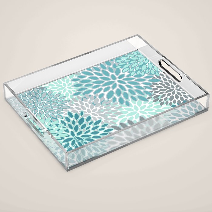 Modern, Floral Prints, Teal and Gray Acrylic Tray Gallery Image 1