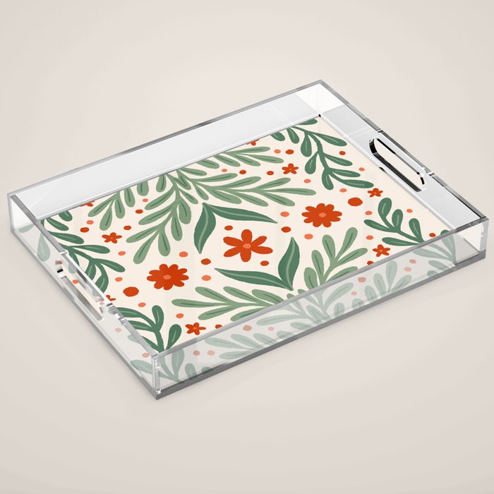 Branches and flowers -  red and green Acrylic Tray Gallery Image 1