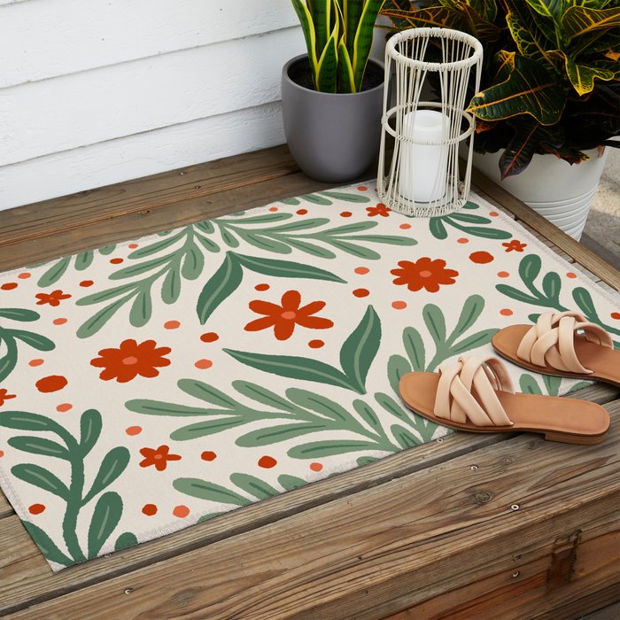 Branches and flowers -  red and green Outdoor Rug Gallery Image 2