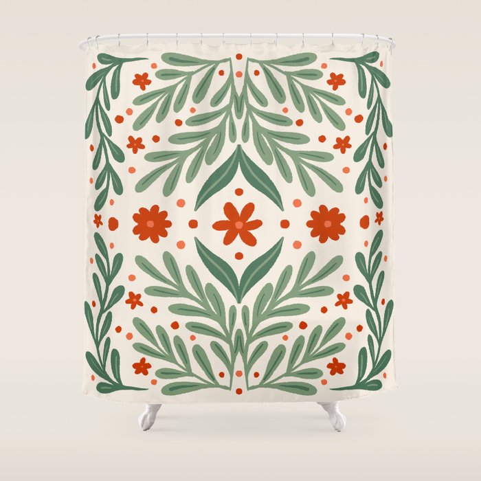 Branches and flowers -  red and green Shower Curtain Gallery Image 1