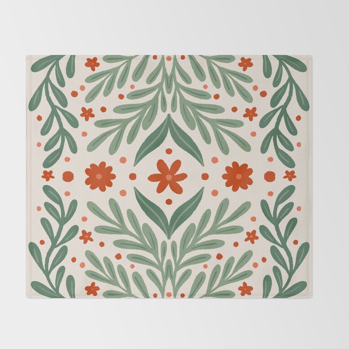 Branches and flowers -  red and green Throw Blanket Gallery Image 2