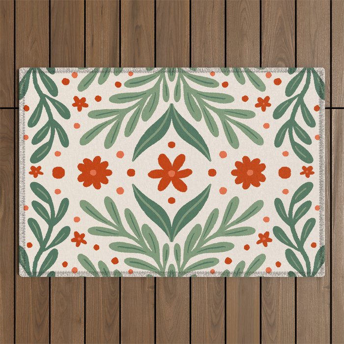 Branches and flowers -  red and green Outdoor Rug Gallery Image 1