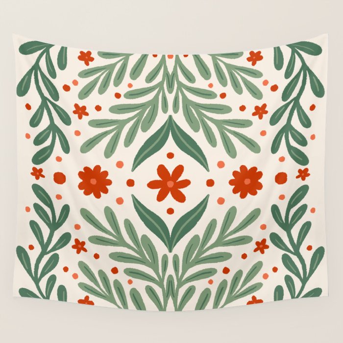 Branches and flowers -  red and green Wall Tapestry Gallery Image 4