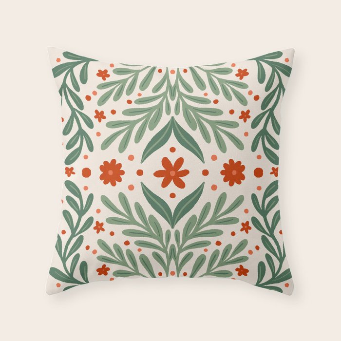Branches and flowers -  red and green Throw Pillow Gallery Image 6