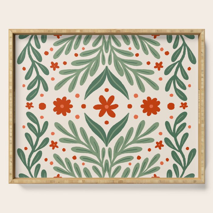 Branches and flowers -  red and green Serving Tray Gallery Image 1