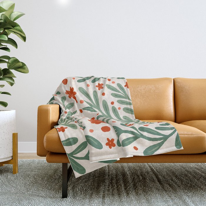Branches and flowers -  red and green Throw Blanket Gallery Image 1