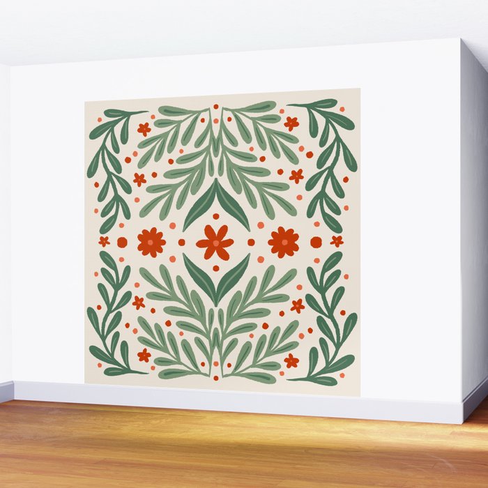 Branches and flowers -  red and green Wall Mural Gallery Image 2