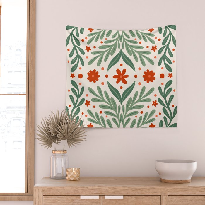 Branches and flowers -  red and green Wall Tapestry Gallery Image 2