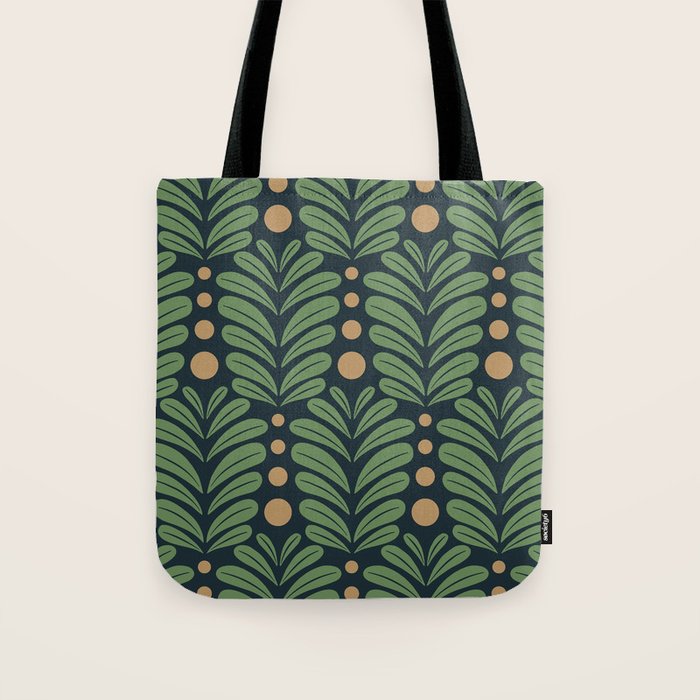 Green and Navy Botanical Scalloped Art Deco Pattern Tote Bag Gallery Image 1