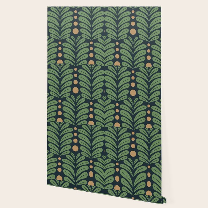 Green and Navy Botanical Scalloped Art Deco Pattern Wallpaper Gallery Image 2