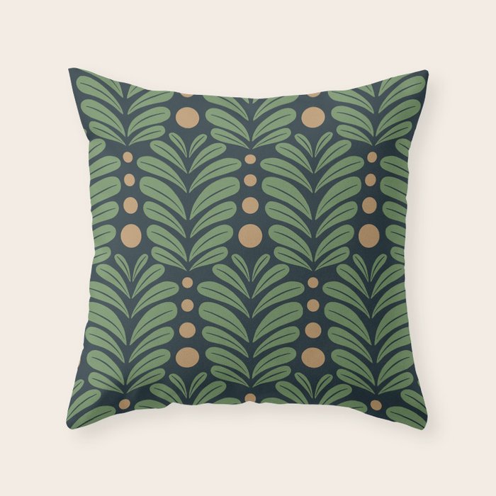 Green and Navy Botanical Scalloped Art Deco Pattern Throw Pillow Gallery Image 1