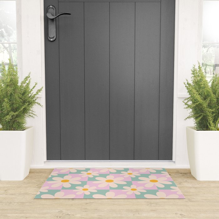 Daisy checkered pattern - Lilac and turquoise  Welcome Mat Gallery Image 3