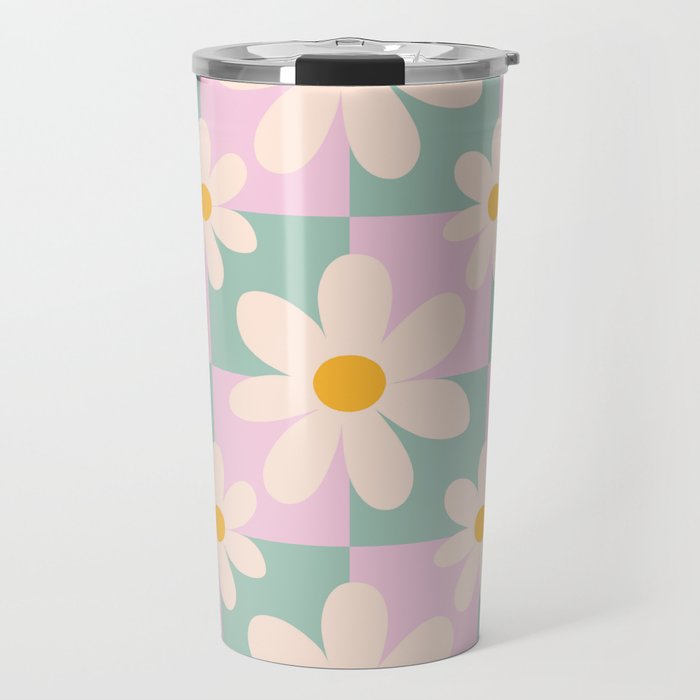 Daisy checkered pattern - Lilac and turquoise  Travel Mug Gallery Image 1