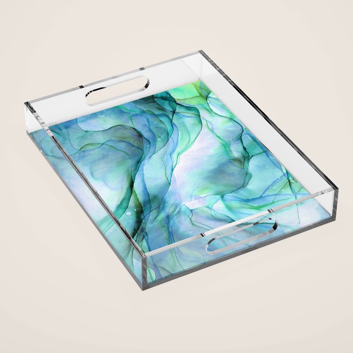 Aqua Turquoise Teal Abstract Ink Painting Acrylic Tray Gallery Image 1
