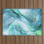 Aqua Turquoise Teal Abstract Ink Painting Outdoor Rug Gallery Image 1