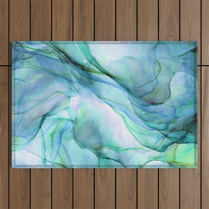 Aqua Turquoise Teal Abstract Ink Painting Outdoor Rug Gallery Image 1