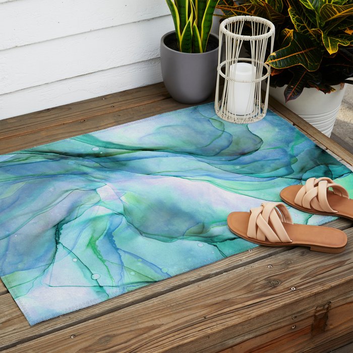Aqua Turquoise Teal Abstract Ink Painting Outdoor Rug Gallery Image 2