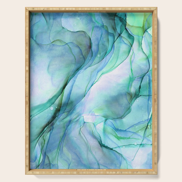 Aqua Turquoise Teal Abstract Ink Painting Serving Tray Gallery Image 1