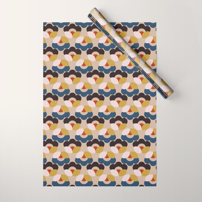 Mod Retro Floral Geometry in Navy Brown and Gold Wrapping Paper Gallery Image 1