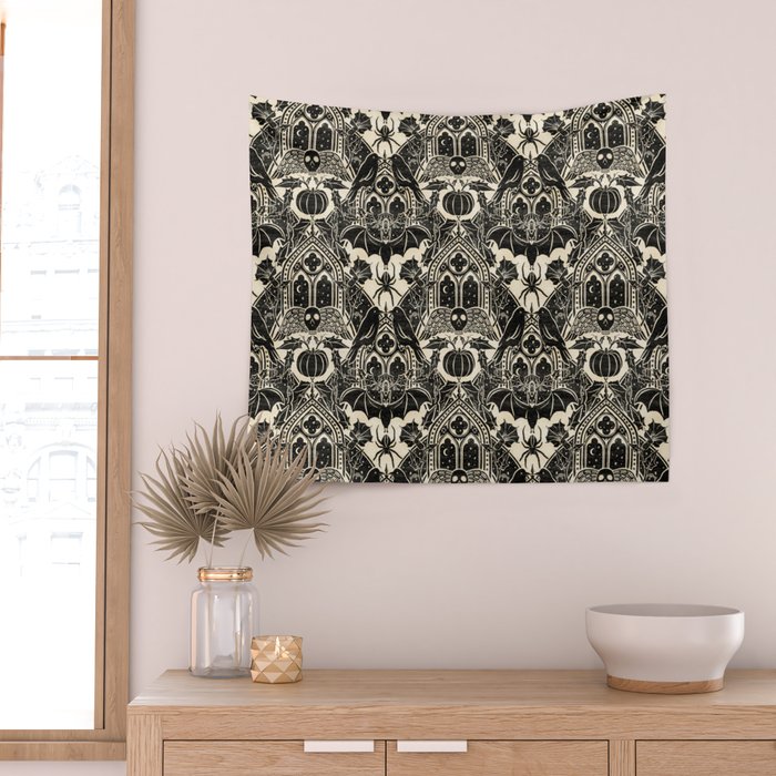 Gothic Halloween Damask - black and cream Wall Tapestry Gallery Image 2