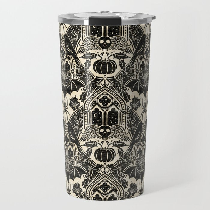 Gothic Halloween Damask - black and cream Travel Mug Gallery Image 1
