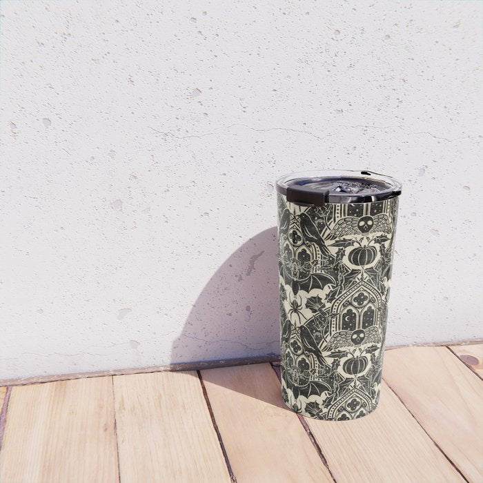 Gothic Halloween Damask - black and cream Travel Mug Gallery Image 4