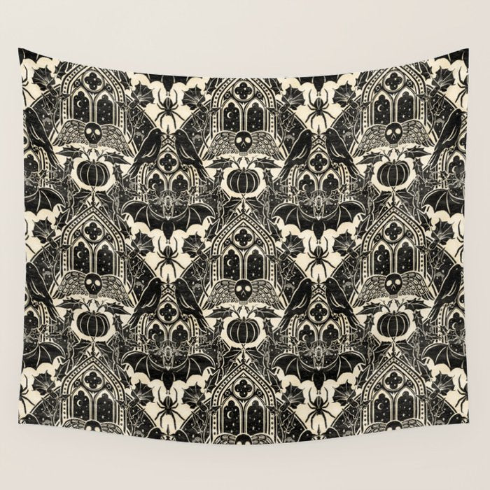 Gothic Halloween Damask - black and cream Wall Tapestry Gallery Image 4