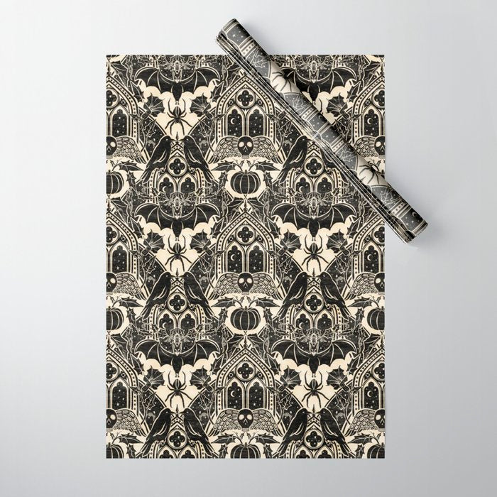 Gothic Halloween Damask - black and cream Wrapping Paper Gallery Image 1