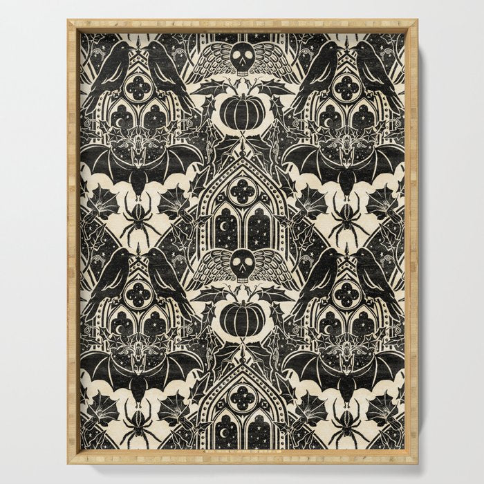 Gothic Halloween Damask - black and cream Serving Tray Gallery Image 1