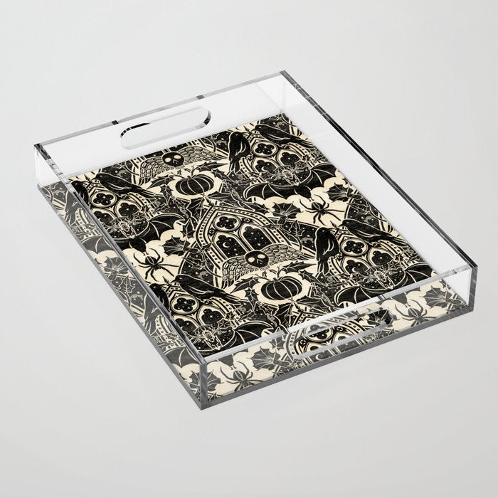 Gothic Halloween Damask - black and cream Acrylic Tray Gallery Image 1