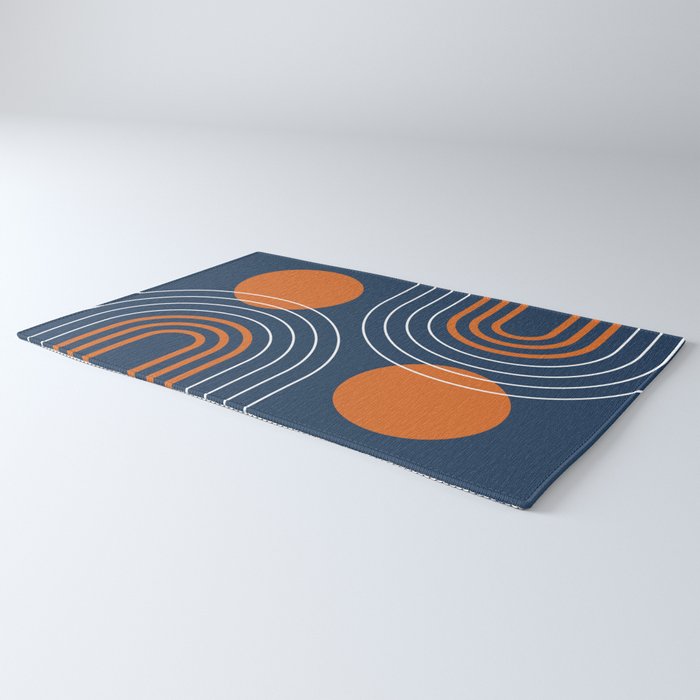 Mid Century Modern Geometric 111 in Navy Blue and Vintage Orange (Rainbow and Sun Abstraction) Rug Gallery Image 3