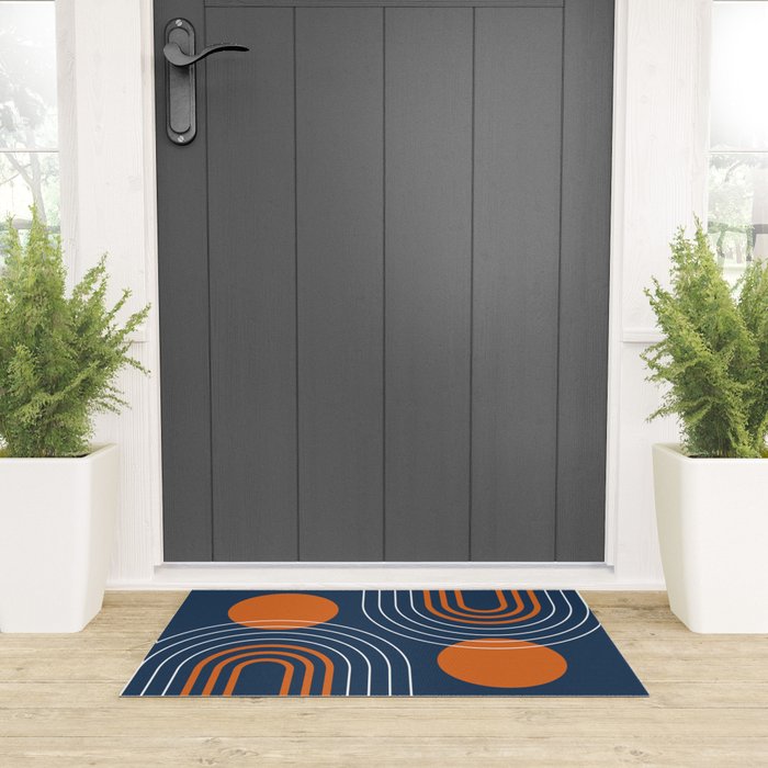 Mid Century Modern Geometric 111 in Navy Blue and Vintage Orange (Rainbow and Sun Abstraction) Welcome Mat Gallery Image 3