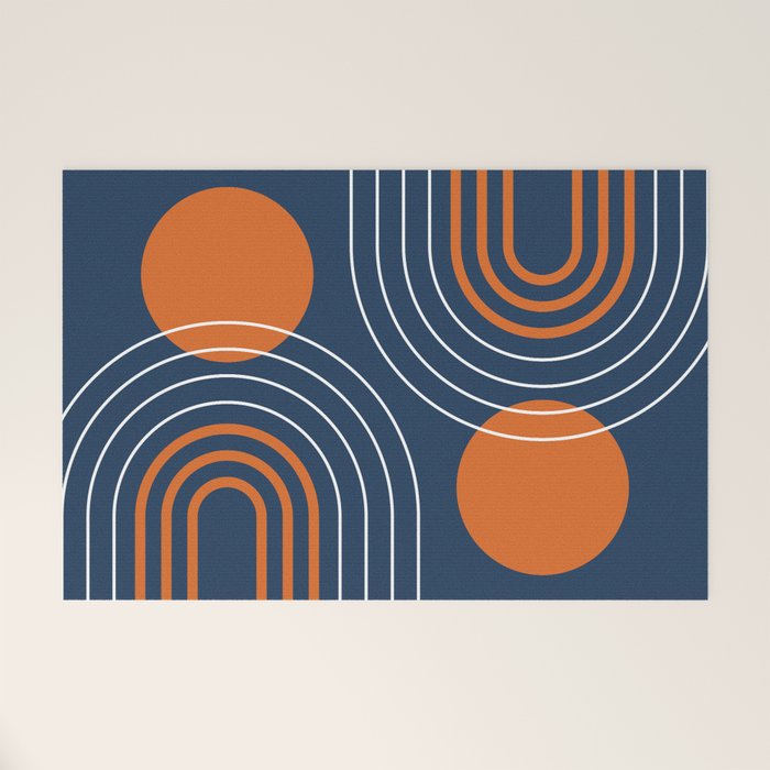 Mid Century Modern Geometric 111 in Navy Blue and Vintage Orange (Rainbow and Sun Abstraction) Welcome Mat Gallery Image 1