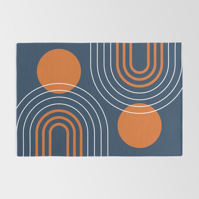 Mid Century Modern Geometric 111 in Navy Blue and Vintage Orange (Rainbow and Sun Abstraction) Rug Gallery Image 2