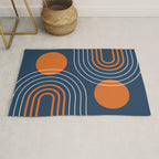 Mid Century Modern Geometric 111 in Navy Blue and Vintage Orange (Rainbow and Sun Abstraction) Rug Gallery Image 1
