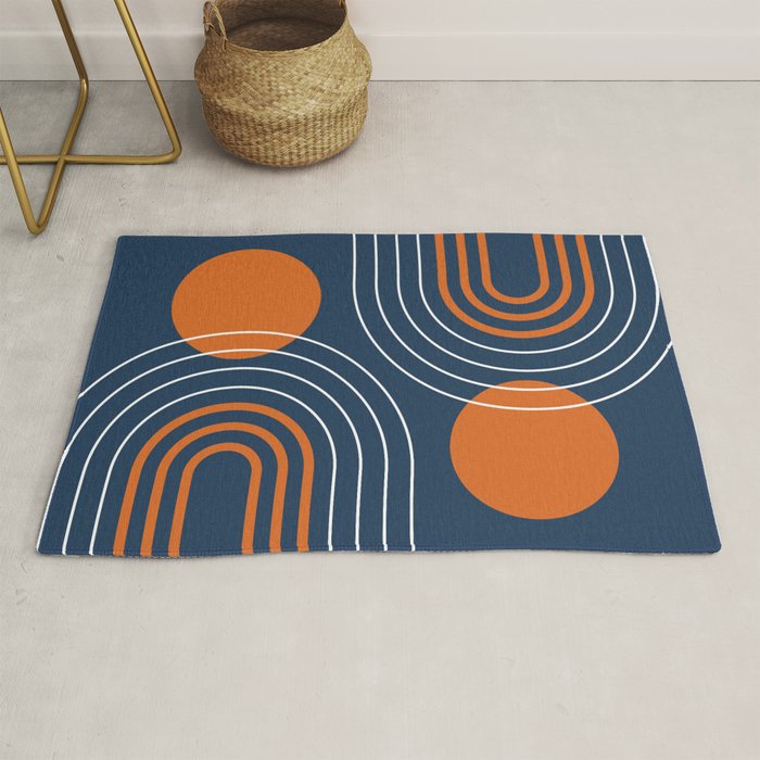 Mid Century Modern Geometric 111 in Navy Blue and Vintage Orange (Rainbow and Sun Abstraction) Rug Gallery Image 1