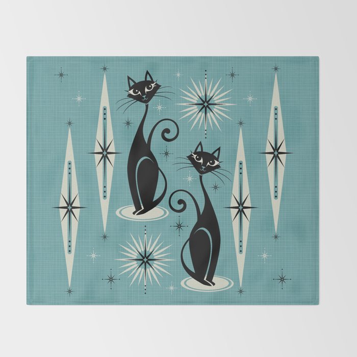 Mid Century Meow Retro Atomic Cats on Blue Throw Blanket Gallery Image 2