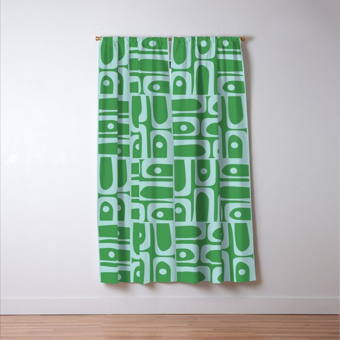 Mid Century Modern Piquet Abstract Multi Geometric Pattern in Green and Light Blue Window Curtain Gallery Image 3