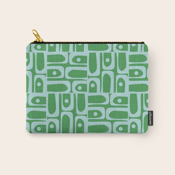 Mid Century Modern Piquet Abstract Multi Geometric Pattern in Green and Light Blue Carry All Pouch Gallery Image 1