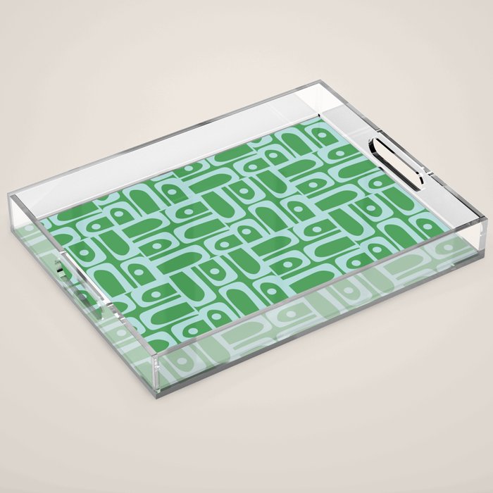 Mid Century Modern Piquet Abstract Multi Geometric Pattern in Green and Light Blue Acrylic Tray Gallery Image 1