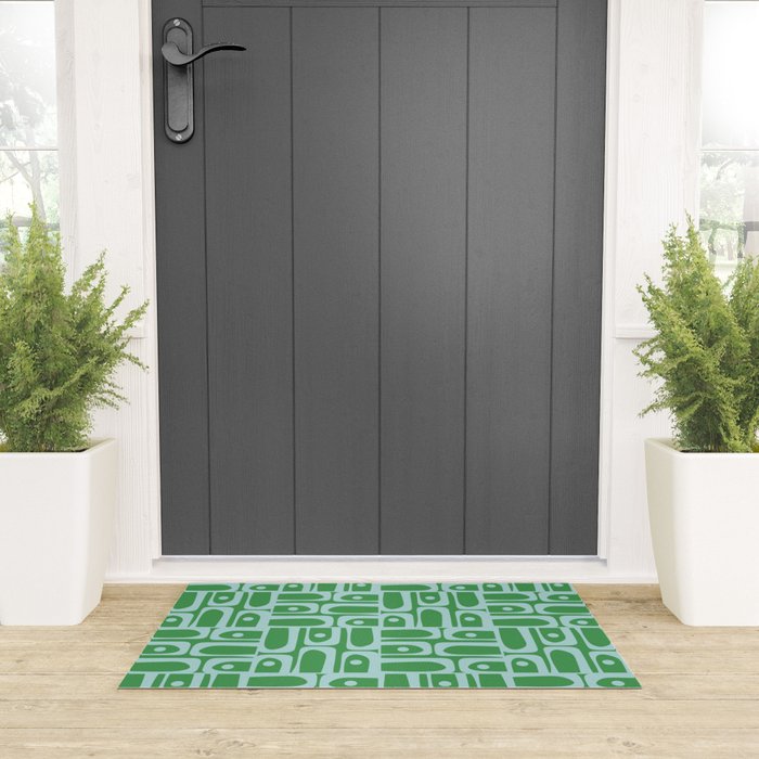 Mid Century Modern Piquet Abstract Multi Geometric Pattern in Green and Light Blue Welcome Mat Gallery Image 3