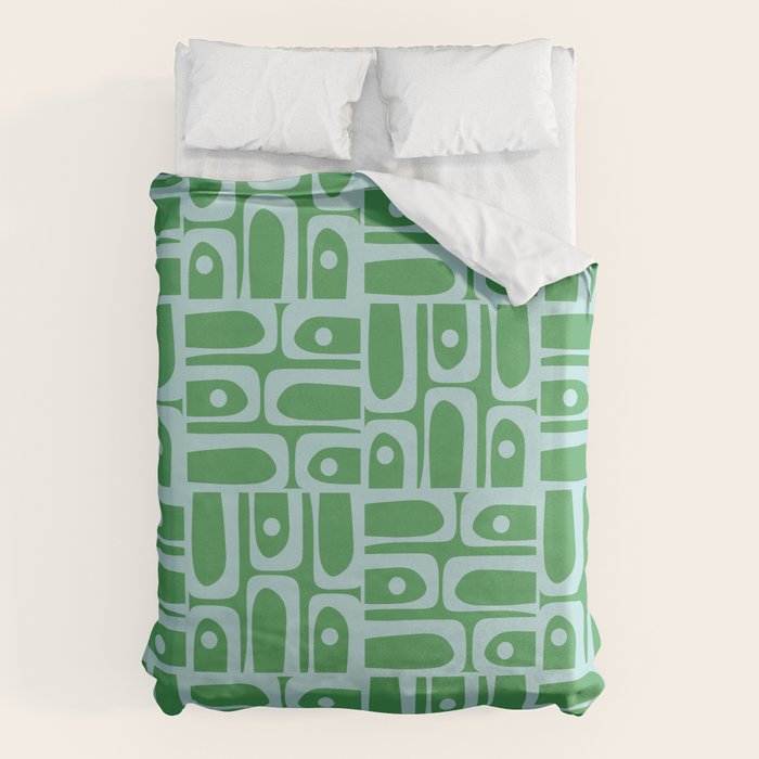 Mid Century Modern Piquet Abstract Multi Geometric Pattern in Green and Light Blue Duvet Cover Gallery Image 6