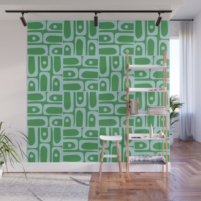 Mid Century Modern Piquet Abstract Multi Geometric Pattern in Green and Light Blue Wall Mural Gallery Image 1
