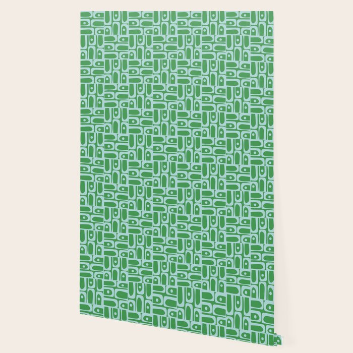 Mid Century Modern Piquet Abstract Multi Geometric Pattern in Green and Light Blue Wallpaper Gallery Image 2