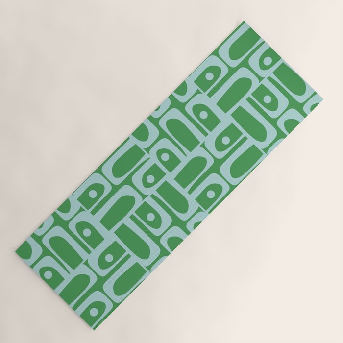 Mid Century Modern Piquet Abstract Multi Geometric Pattern in Green and Light Blue Yoga Mat Gallery Image 1